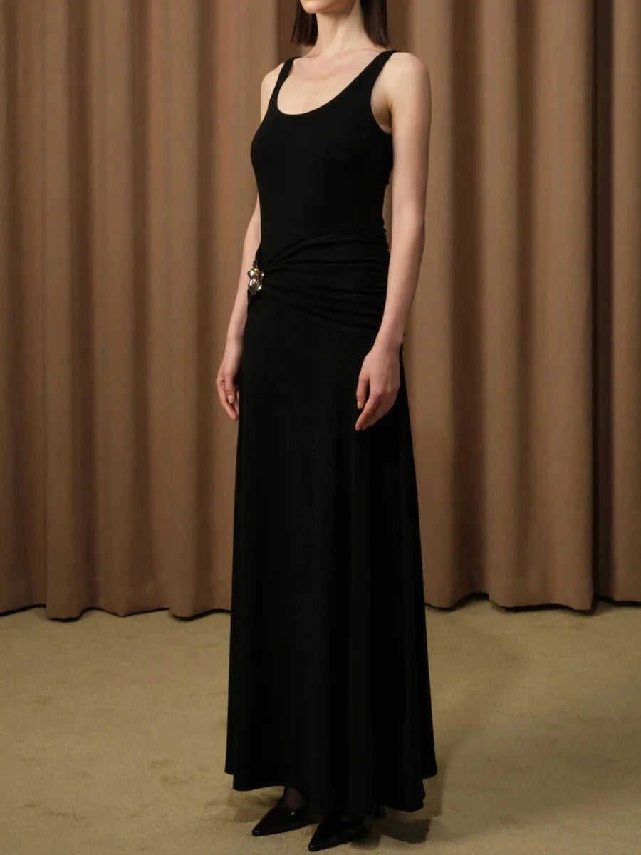 Solid Spliced Folds Slimming Dresses For Women Square Neck Sleeveless High Waist Temperament Long Dress Female New