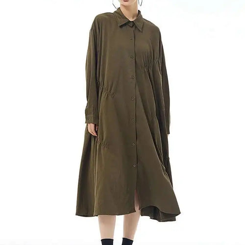 Load image into Gallery viewer, Women Coffee Pleated Spliced Big Size Midi Shirt Dress New Lapel Long Sleeve Fashion Tide Spring Autumn 2025 1DH7416
