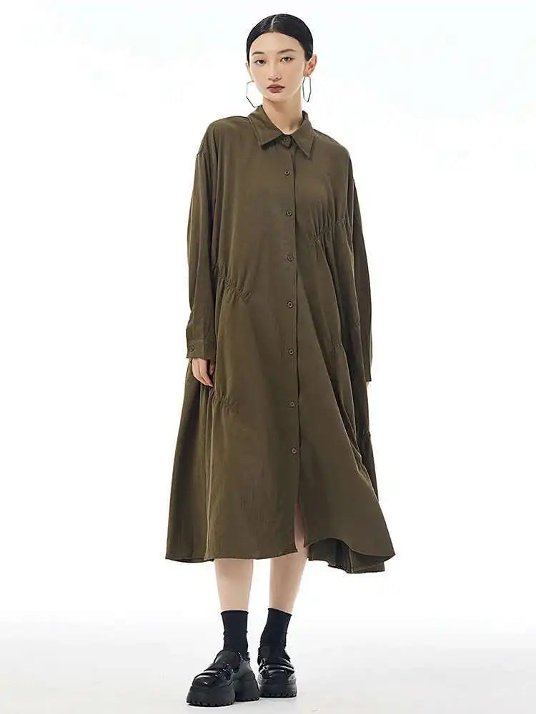 Women Coffee Pleated Spliced Big Size Midi Shirt Dress New Lapel Long Sleeve Fashion Tide Spring Autumn 2025 1DH7416
