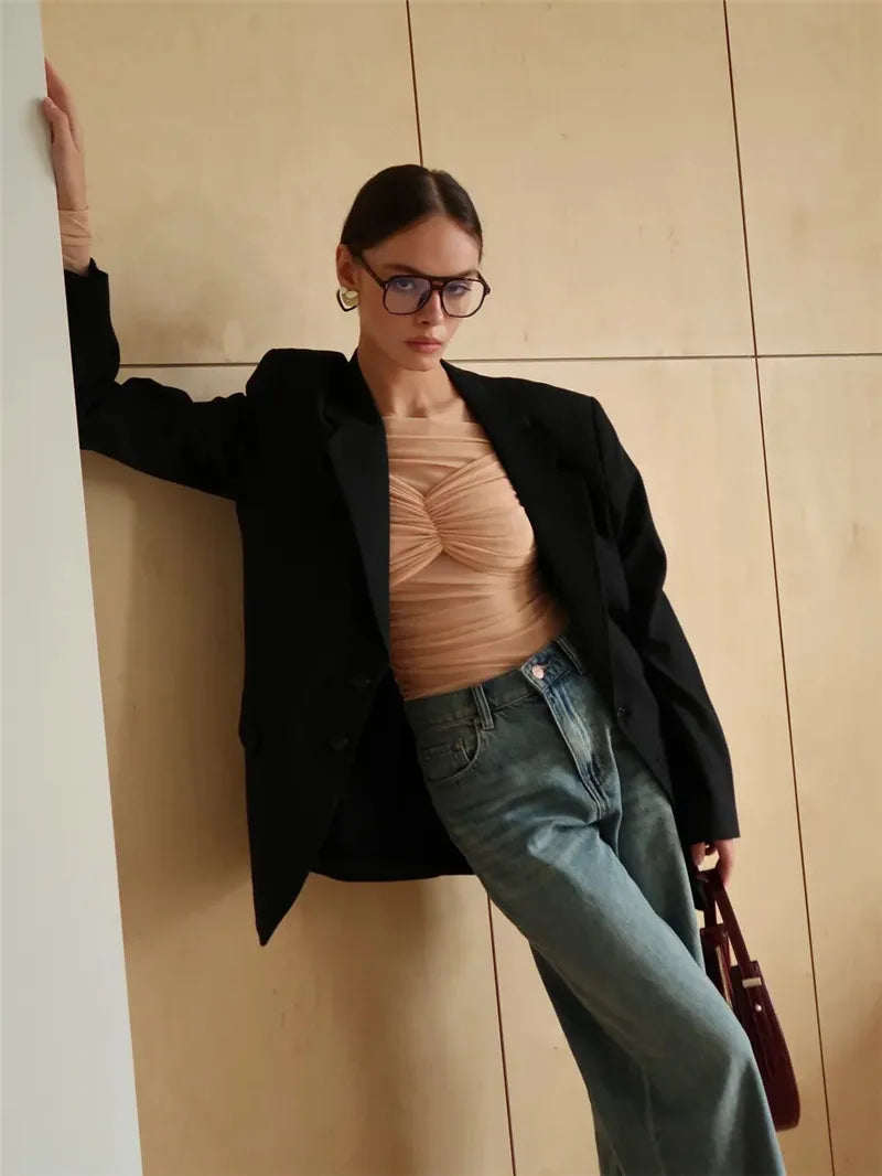 Summer Mesh Off-shoulder T-shirt Women Fashion Pleated Bust Backless Tees Tops Female Elegant Strapless See Through Top