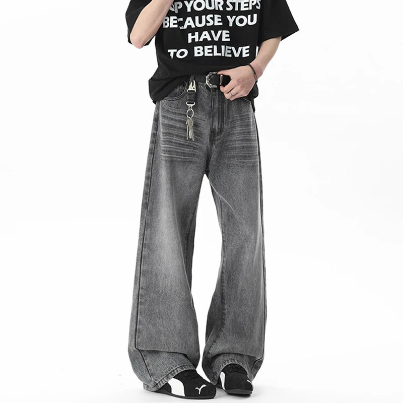 Male Jeans New American Style Flower Tied Cat Beard Design Gradient Color Trendy Men's Straight Leg Casual Bottoms 9W1805