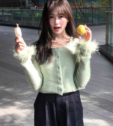 Women Fur Patchwork Sweet Green Cardigan Preppy Style Vintage Fairy Sueter Mujer Single Breasted Y2k Aesthetic Cropped Sweaters