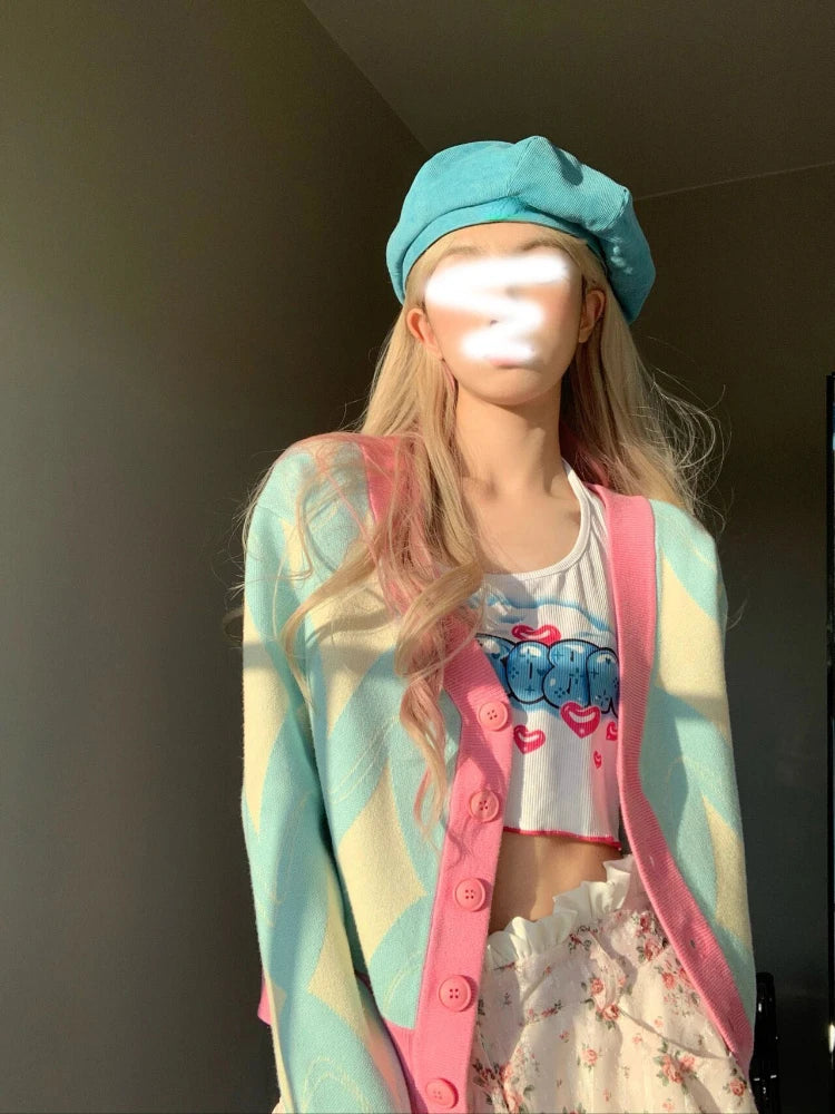 Women Cardigan Knitted Sweater Loose Single Breasted Students V-neck Lovely Knitwear Korean Cardigans Tops Pull Femme