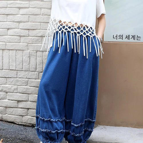 Load image into Gallery viewer, High Elastic Waist Blue Denim Ruffles Casual Wide Leg Jeans New Women Trousers Fashion Tide Spring Autumn 2025 1DJ0422
