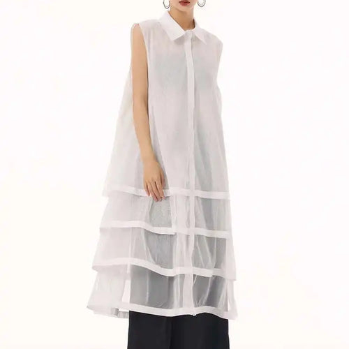 Load image into Gallery viewer, Women Black Layers Mesh Big Size Midi Vest Shirt Dress New Lapel Sleeveless Fashion Tide Spring Summer 2025 1DH9472
