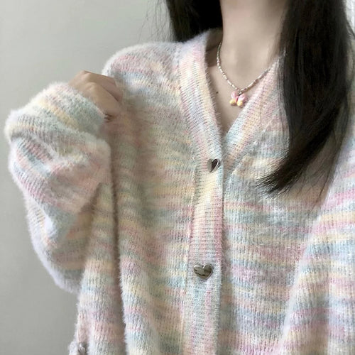 Load image into Gallery viewer, Cute Iridescence Knitted Cardigans Loose Sweet Y2k Aesthetic Single Breaste Tops Contrast Color Grunge Harajuku Sweaters Women
