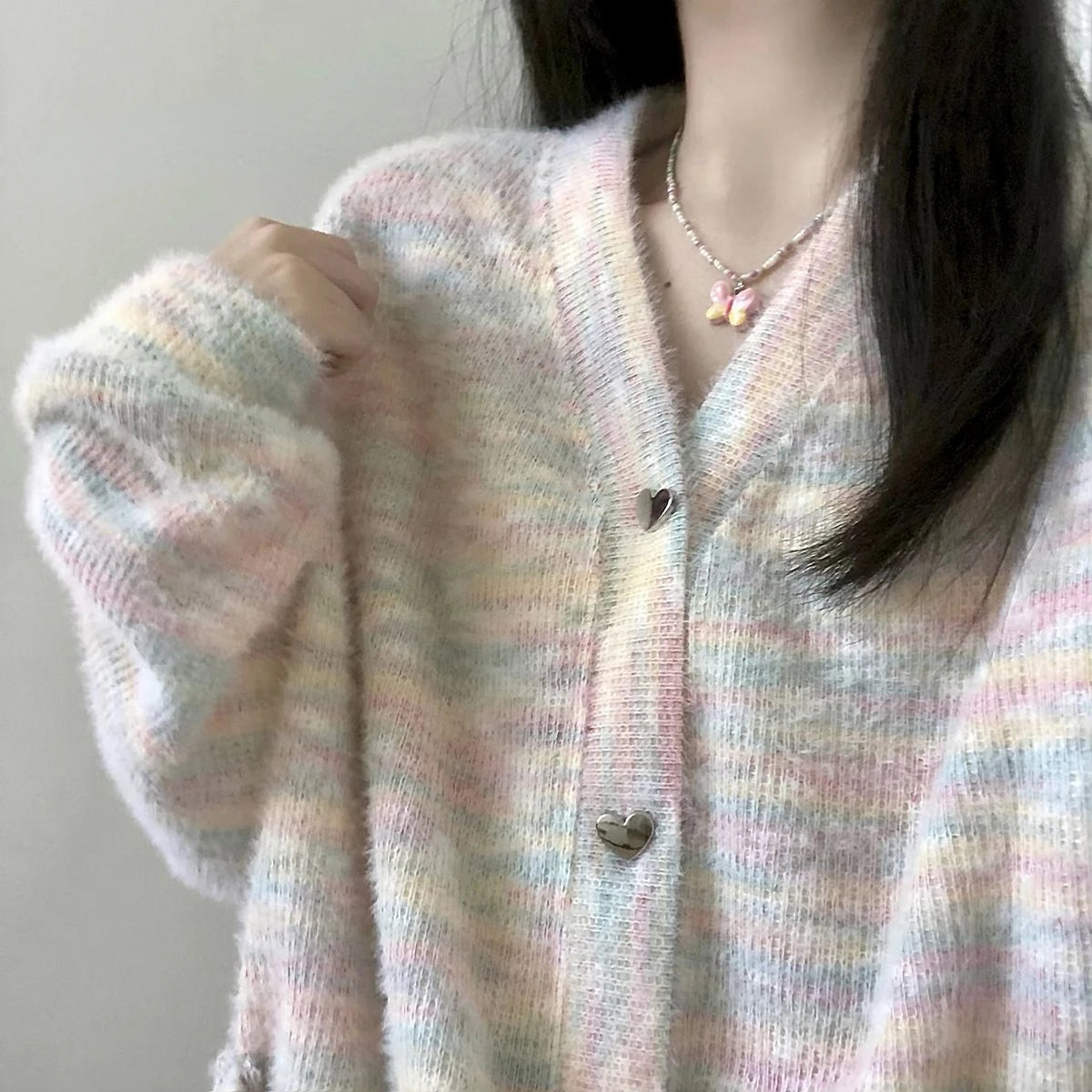 Cute Iridescence Knitted Cardigans Loose Sweet Y2k Aesthetic Single Breaste Tops Contrast Color Grunge Harajuku Sweaters Women
