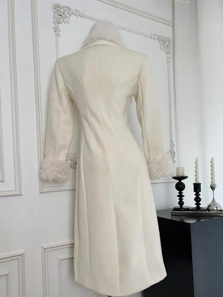 Autumn White Women's Winter Plush Double-sided Woolen Coat 2024 New Vintage Temperament Double-breasted Medium Long Jacket Trend