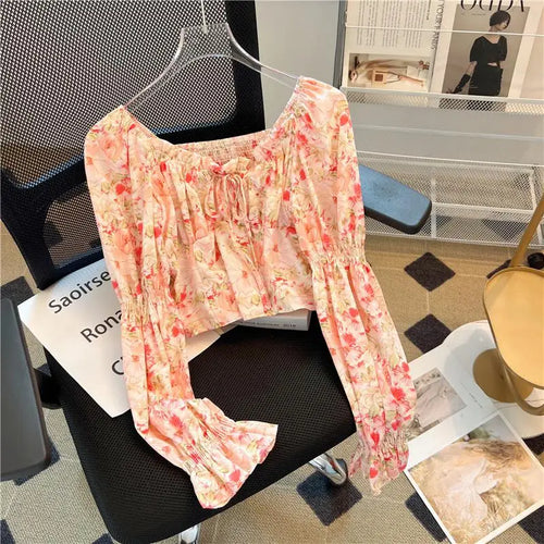 Load image into Gallery viewer, Spring Women Yellow Red Flower Long Sleeve Square Neck Backless Blouse Retro French Ruffle Edge Lace-up Holiday Shirt Short Tops
