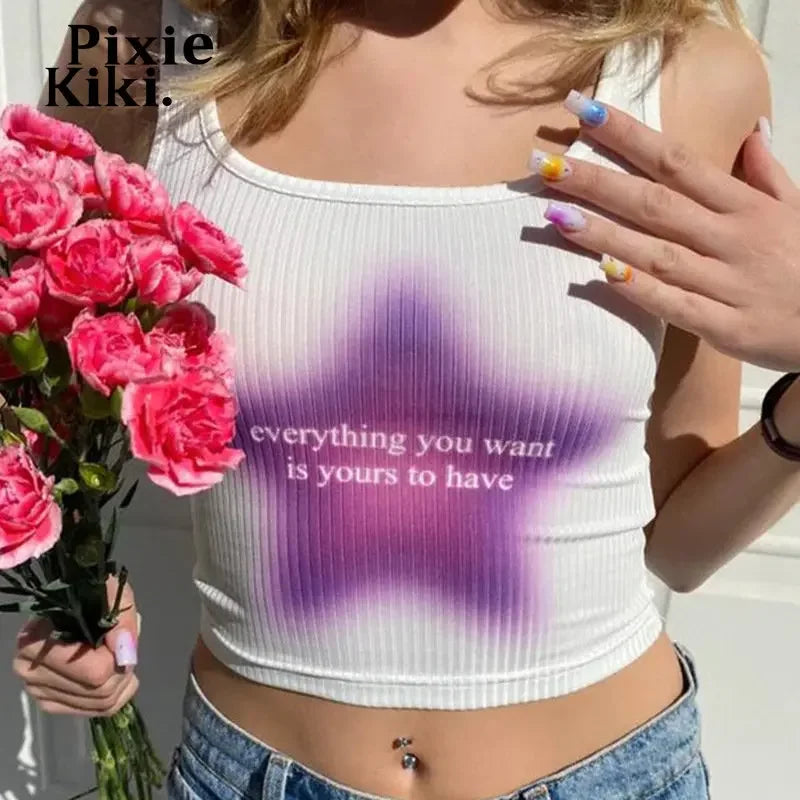 Y2k Retro Crop Top Purple Star Graphic T Shirts Coquette Y2k Clothes Girls Casual Ribbed Tank Tops P67-CZ30