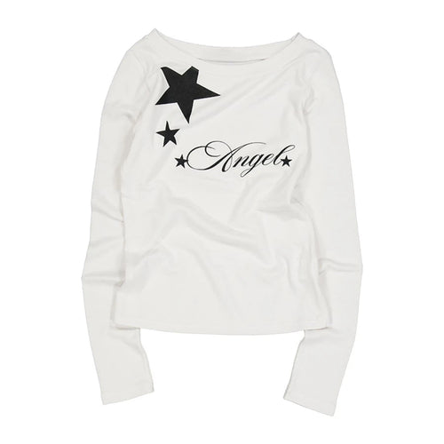 Load image into Gallery viewer, Y2k Aesthetic Letter Star Printing Vintage Tshirts Women Straight Barrel Grunge Autumn Tees Harajuku Simple Streetwear T Shirt
