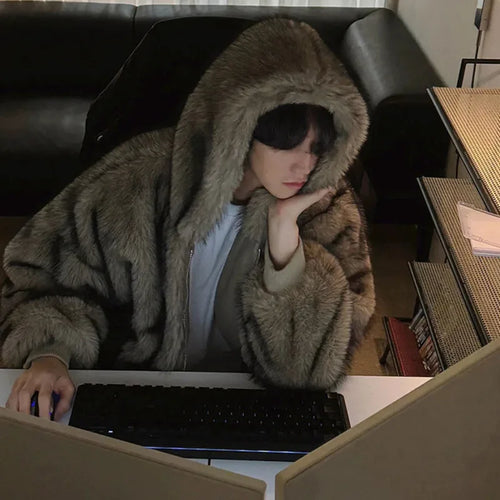 Load image into Gallery viewer, Men&#39;s Cotton Jacket Fake Fur Jackets New Male Loose Warm Solid Color Zipper Chic Korean Hooded Menwear Spring 9W1431
