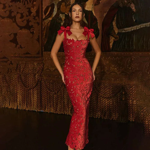 Load image into Gallery viewer, Bows Lace Sexy Maxi Dress For Women Fashion Sleeveless Backless Bodycon New Year's Birthday Club Party Long Dress
