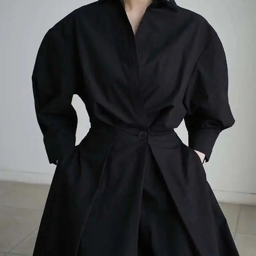 Load image into Gallery viewer, Women Beige Pleated Long Big Size Elegant Dress New Lapel Long Sleeve Loose Fit Fashion Tide Spring Autumn 2025 1DE91400
