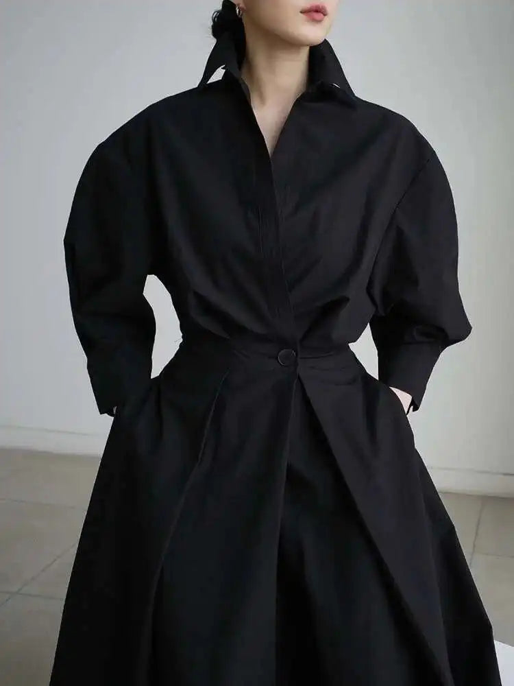 Women Beige Pleated Long Big Size Elegant Dress New Lapel Long Sleeve Loose Fit Fashion Tide Spring Autumn 2025 1DE91400