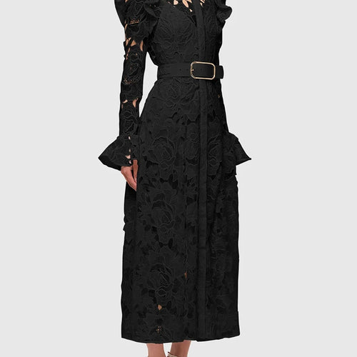 Load image into Gallery viewer, Elegant Hollow Out Lace Dresses For Women Stand Collar Flare Sleeve High Waist Patchwork Belt  A Line Folds Dress Female
