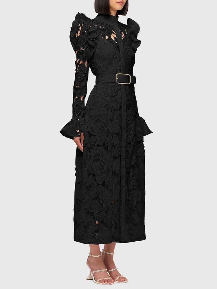 Elegant Hollow Out Lace Dresses For Women Stand Collar Flare Sleeve High Waist Patchwork Belt  A Line Folds Dress Female