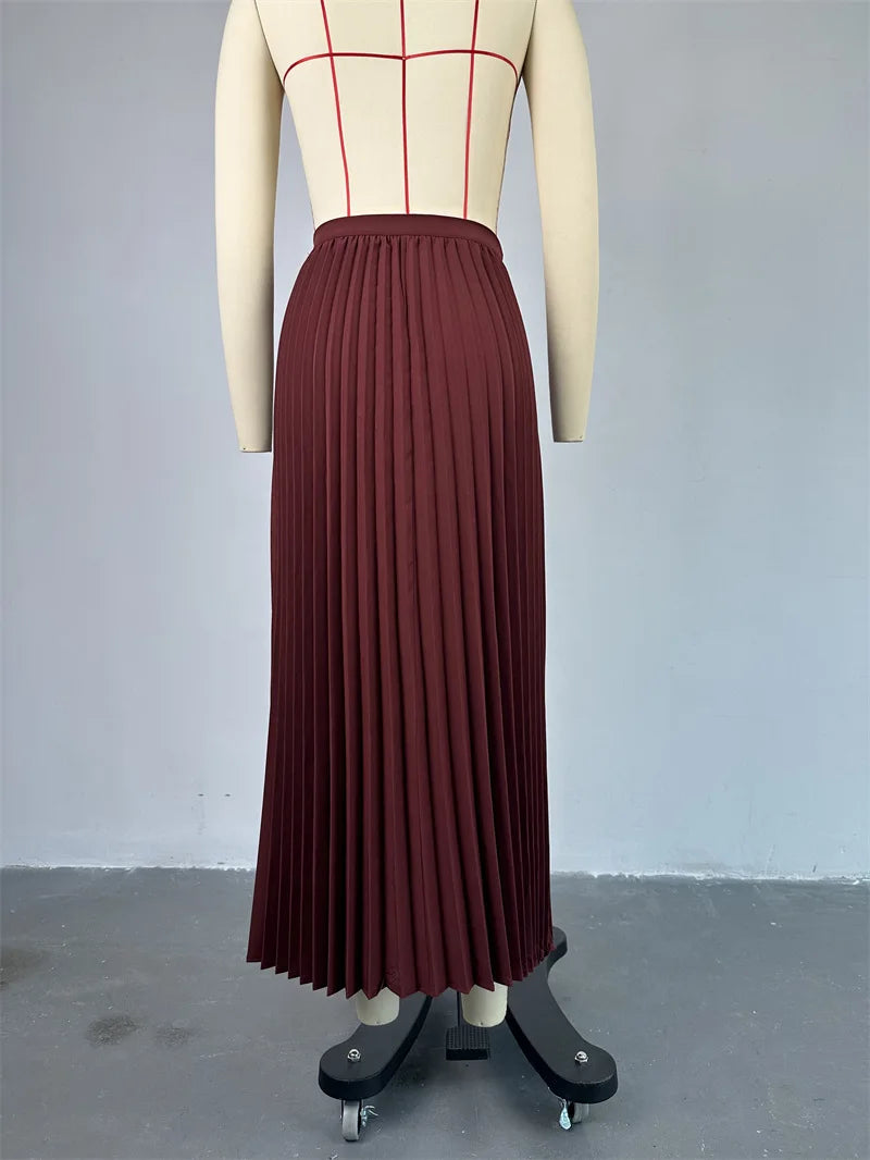 Fashion Skirt Two Piece Sets Women Notched Collar Sleeveless Crop Tops And Midi Skirt Femme Elegant Pleated Skirt Sets