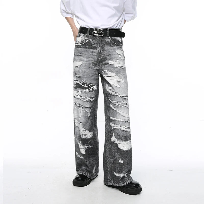 Men's Jeans Summer New Fashion Streetwear Style Hole Worn-out Design Loose Washed Male Denim Pants Straight 9C5394