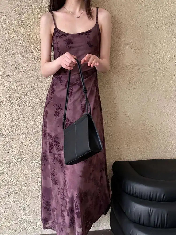 Women Brown Printed Vintage Long Spaghetti Strap Dress New Round Neck Sleeveless Fashion Tide Spring Summer 2025 1DJ0289