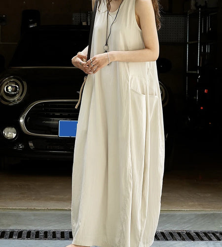 Women Khaki Brief Pocket Casual Long Elegant Bud Dress New Round Neck Sleeveless Fashion Tide Spring Summer 2025 1DJ1330