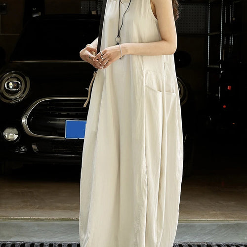 Load image into Gallery viewer, Women Khaki Brief Pocket Casual Long Elegant Bud Dress New Round Neck Sleeveless Fashion Tide Spring Summer 2025 1DJ1330
