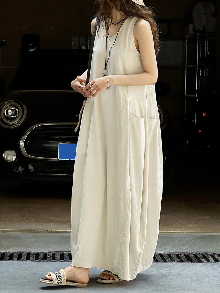 Women Khaki Brief Pocket Casual Long Elegant Bud Dress New Round Neck Sleeveless Fashion Tide Spring Summer 2025 1DJ1330