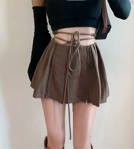 Summer High Waist Skirts Womens Sexy Mini Skirts Vintage Bandage Pleated Skirt Korean Tennis Skirts Short khaki Black