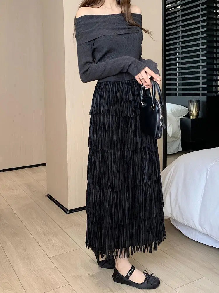 Autumn Vintage Elegant Party Wrapped Hip Cake Skirt For Women Elastic High Waist Tassel Long Skirts Female High Street Y2k Trend