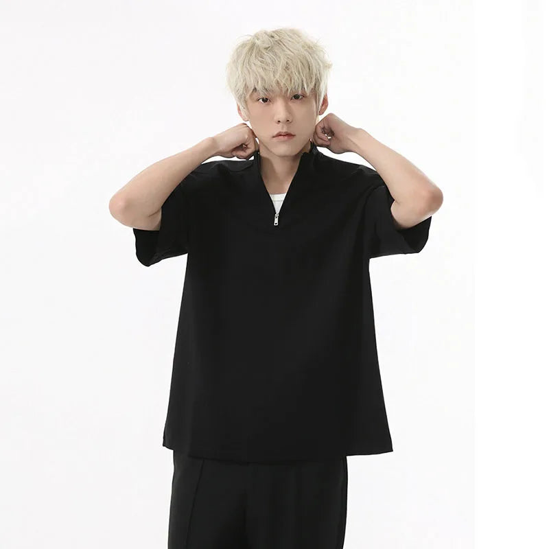 Men's T-shirts Korean Simple Stand Collar Design Solid Color Half Zipper Stylish Male Clothing Short Sleeve Top 9W1602