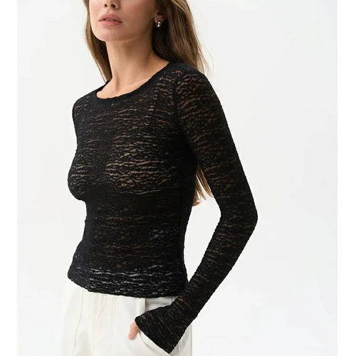 Load image into Gallery viewer, Fashion Long Sleeve Elastic Tight Women Top Round Neck Lace Perspective T-shirt Female Street Autumn/Winter New Clothing
