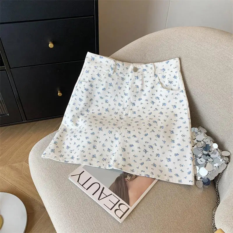 Korean Spring Summer New Vintage Sweet High Waist Fashion Denim A-line Short Pencil Skirt Women Flower Wrapped Hip Mini Skirts