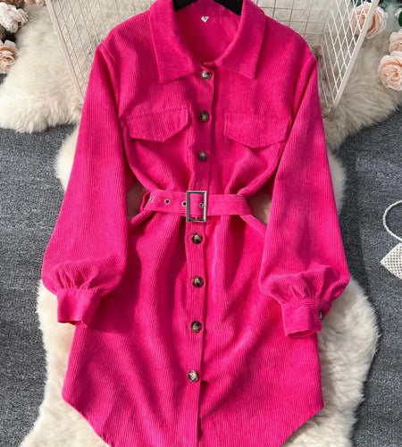 Autumn New Women's Pink Corduroy Dress Fashion Casual Green Lapel Long Sleeve Shirt Dress Vintage Orange Irregular Clothing