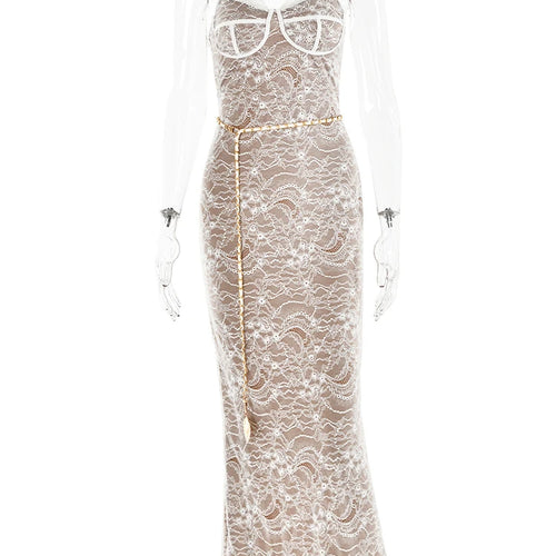 Load image into Gallery viewer, Sexy Lace Print Double Layer Dress For Women Bodycon Backless Metal Heart Pendant Maxi Dress Party Club Evening Dress
