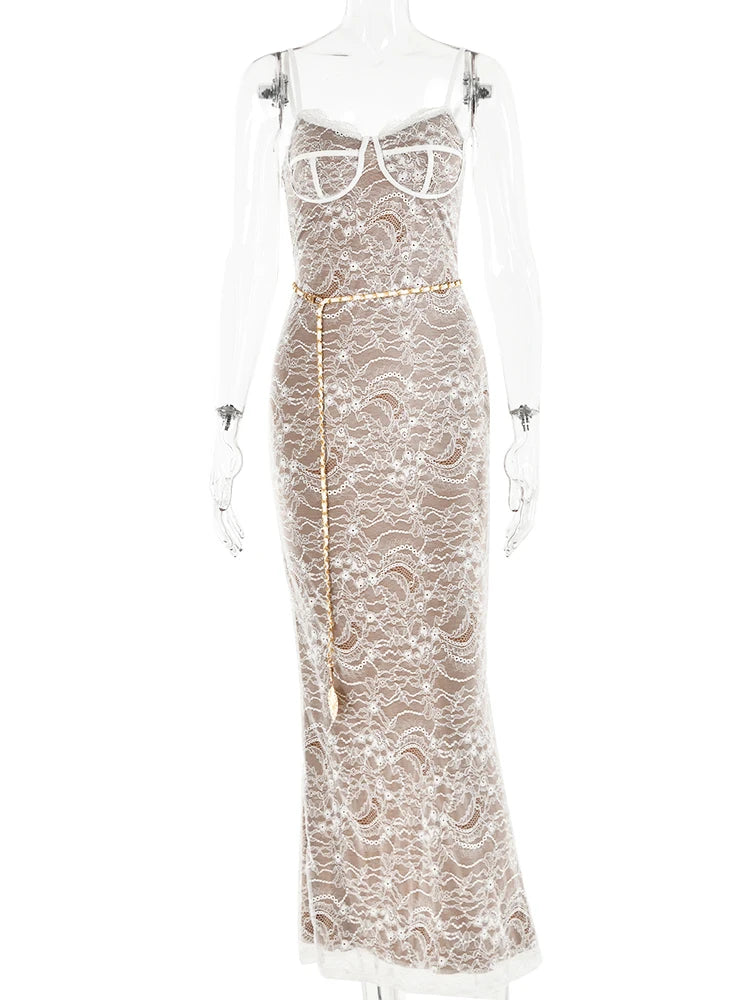 Sexy Lace Print Double Layer Dress For Women Bodycon Backless Metal Heart Pendant Maxi Dress Party Club Evening Dress