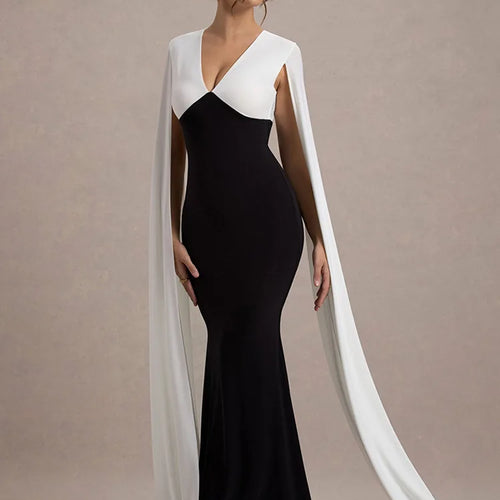 Load image into Gallery viewer, Elegant Patchwork Sleeveless Ribbon Bodycon Party Evening Dress Women Winter 2025 Sexy V-neck Tight Long Dress Vestido
