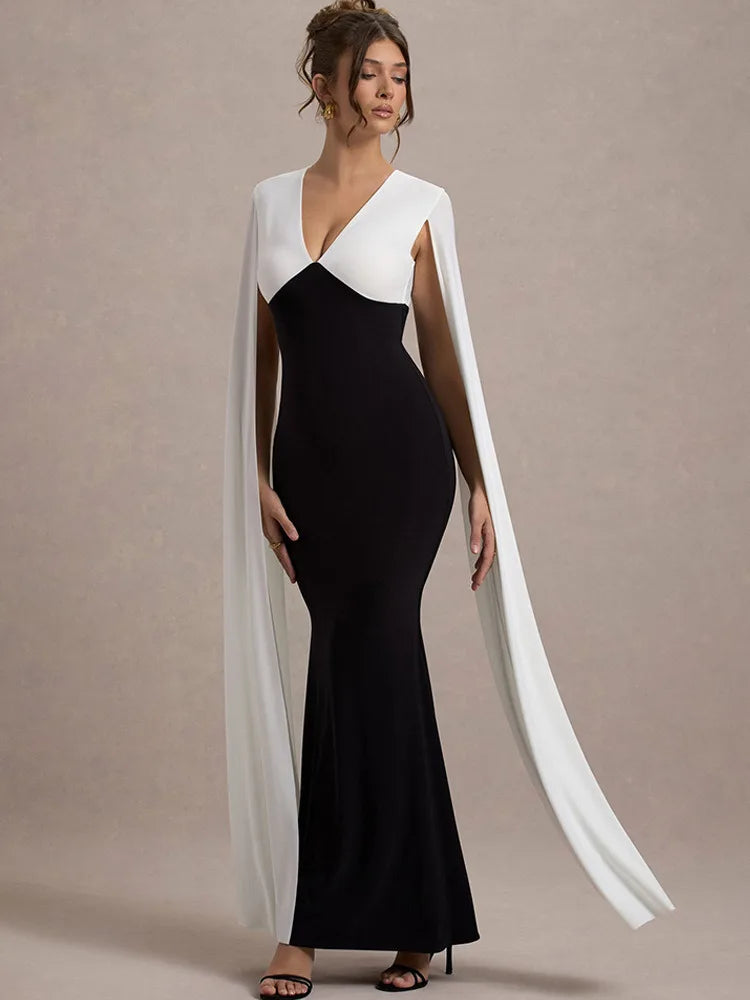 Elegant Patchwork Sleeveless Ribbon Bodycon Party Evening Dress Women Winter 2025 Sexy V-neck Tight Long Dress Vestido