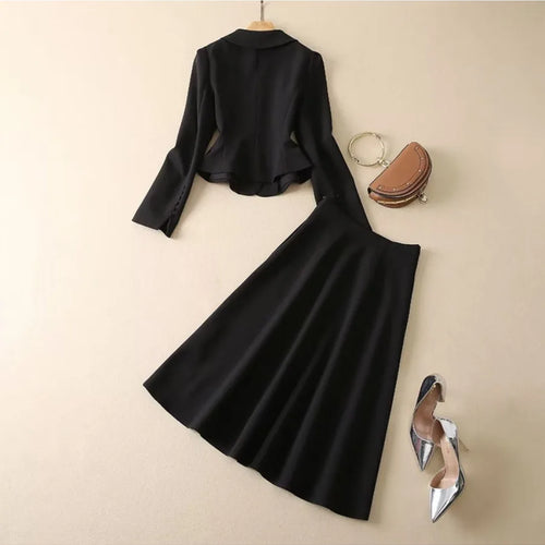 Load image into Gallery viewer, Solid Two  Piece Set for Women Stand Neck Long Sleeve Tunic Coat High Waist Slim Skirt Chic Sets Female Fashion
