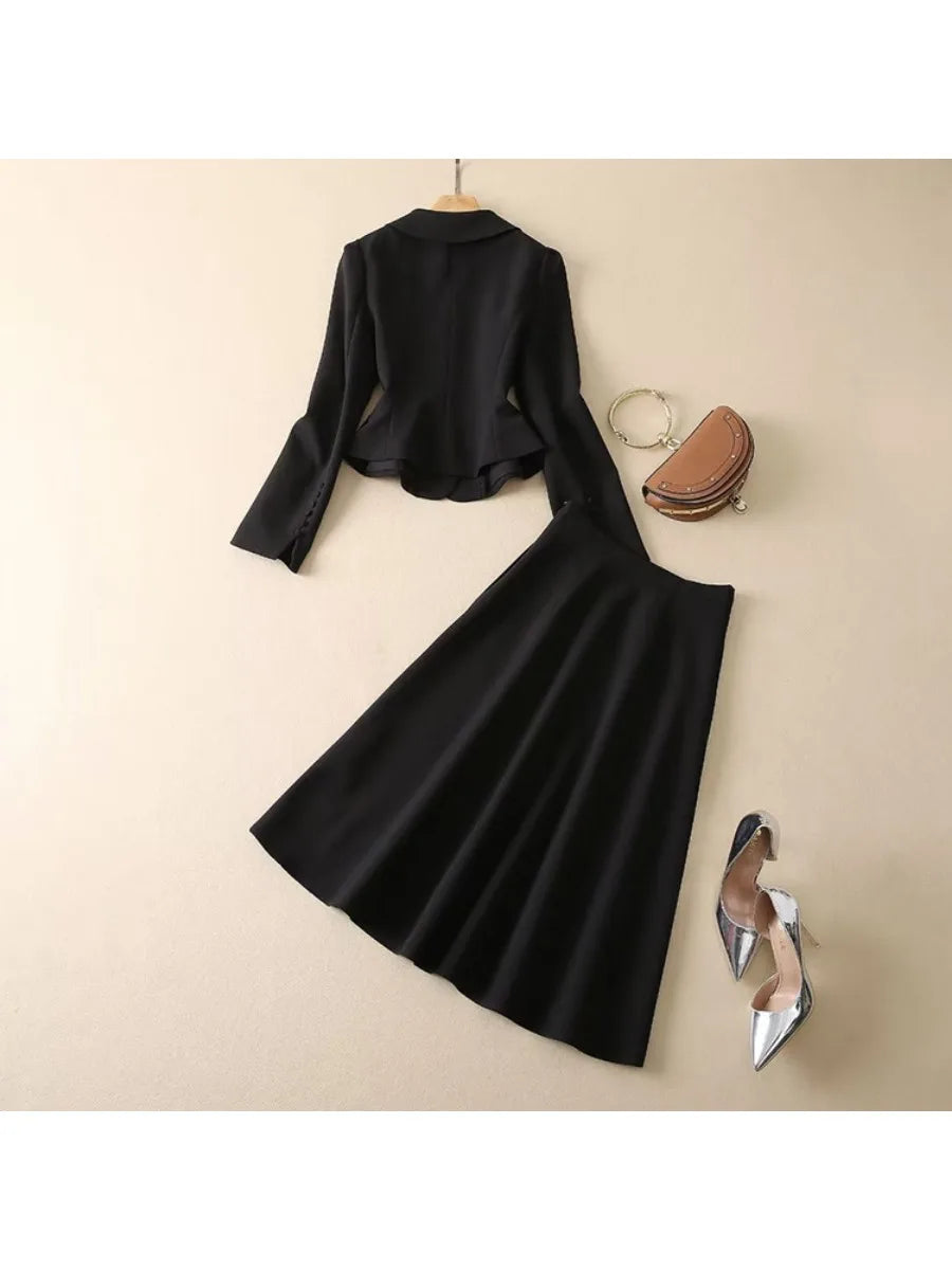 Solid Two  Piece Set for Women Stand Neck Long Sleeve Tunic Coat High Waist Slim Skirt Chic Sets Female Fashion