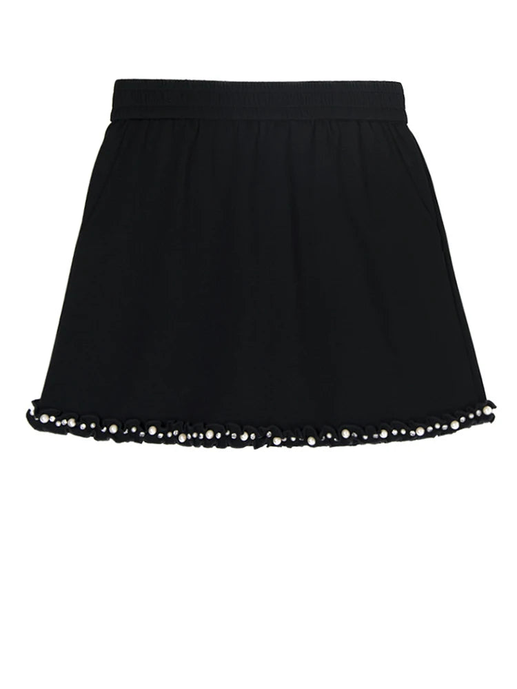 Black Pearled T-shirt Mini Skirt Two Pieces Suit New Round Neck Short Sleeve Women Fashion Spring Summer 2025 1DJ1124