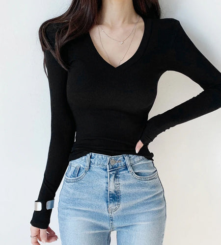 Casual V Neck Black Autumn T-shirts for Women Long Sleeve Basic Top Tee Korean Fashion All-Match Solid Pullover Cute