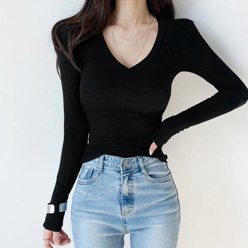 Load image into Gallery viewer, Casual V Neck Black Autumn T-shirts for Women Long Sleeve Basic Top Tee Korean Fashion All-Match Solid Pullover Cute
