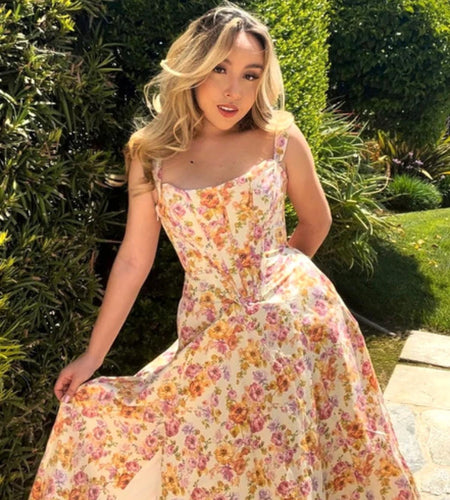 Summer Pink Floral Print Corset Dress Midi Elegant Sexy Party Dresses Holiday Birthday Casual A Line Women Clothing