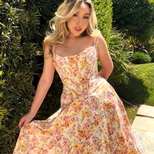 Load image into Gallery viewer, Summer Pink Floral Print Corset Dress Midi Elegant Sexy Party Dresses Holiday Birthday Casual A Line Women Clothing
