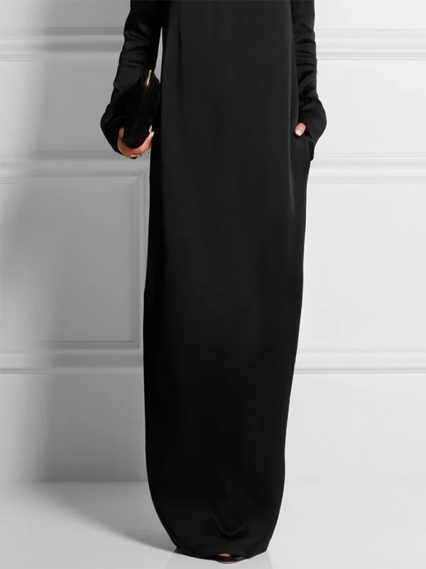 Casual Maxi Dresses for Women 2025 Autumn Round-neck Long Sleeves with Pocket Simple Office Long Dresses Outfits Women