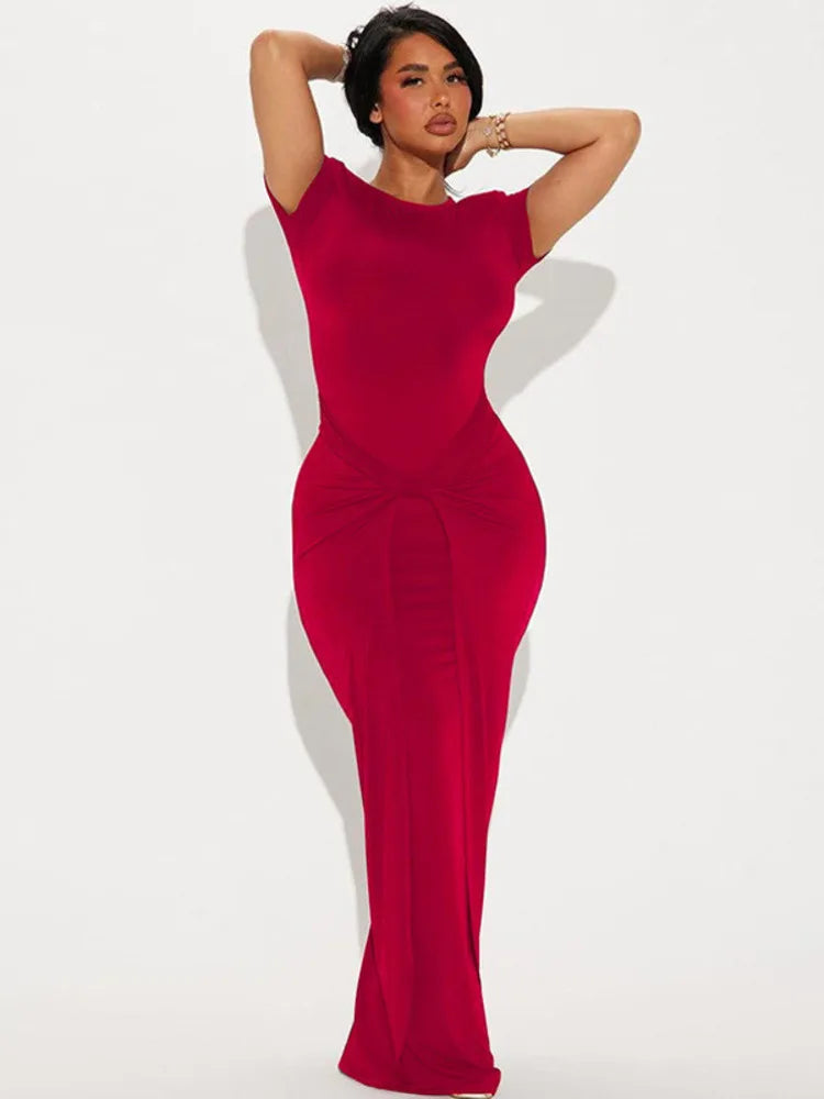 Short Sleeve Ruched Sexy Maxi Dress For Women Fashion Summer New Solid High Waist Slim Fit Elegant Long Dress Vestido