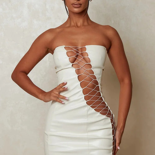 Load image into Gallery viewer, Hollow Out PU Leather Sexy Mini Dresses For Women Strapless Sleeveless Backless Bodycon Party Short Dress Vestido
