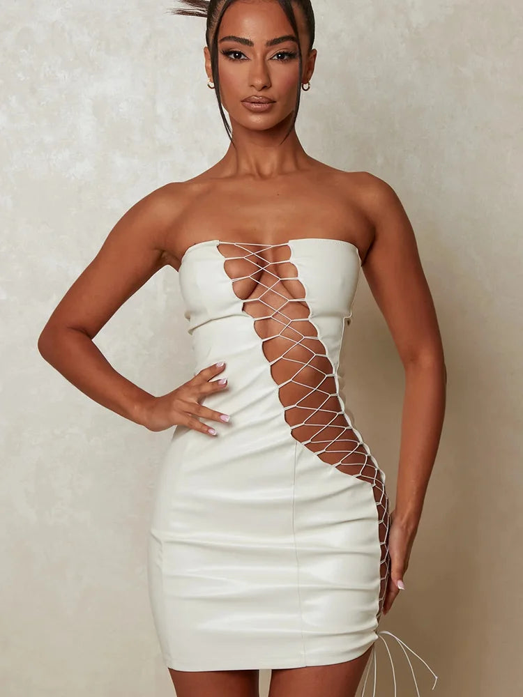 Hollow Out PU Leather Sexy Mini Dresses For Women Strapless Sleeveless Backless Bodycon Party Short Dress Vestido