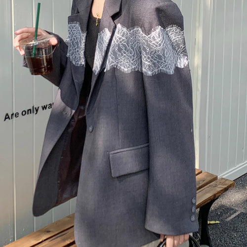 Load image into Gallery viewer, Women Gray Lace Spliced Big Size Elegant Blazer New Lapel Long Sleeve Jacket Fashion Tide Spring Autumn 2025 1DH9712
