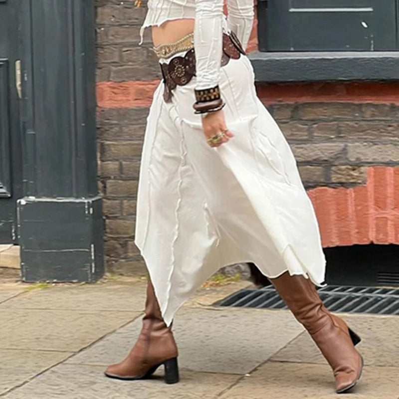 Chic White Low Waist Loose Summer Midi Skirt Female Boho Vacation Irregular Hem Skirts Stitching Street Style Outfits